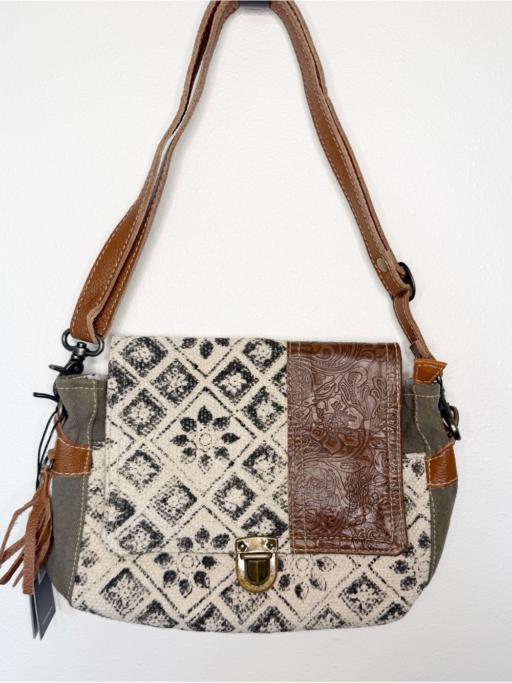 Boho Geometric Crossbody Bag with Brown Leather Accents